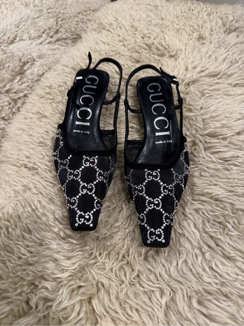 Gucci Black Crystal-Embellished Slingback Pumps kitten heels